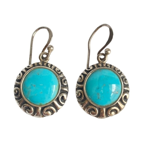 Barse Turquoise Earrings Sterling Silver Round Scroll Western Southwestern 925 - Picture 1 of 9